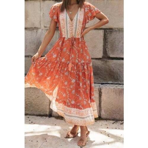 Happie Queens women floral print v-neck beach Bohemian maxi dress Ladies v-neck Boho pleated dress vestidos