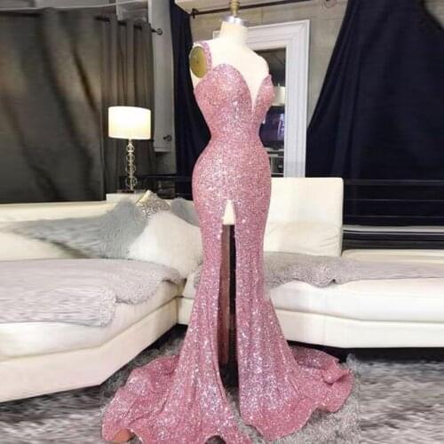 Spaghetti Strap Sweetheart Pink Sequins Women Evening Dresses High Slit 2020 Special Occasion Dresses Prom Gown vestidos