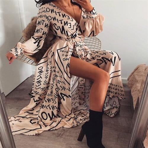 Autumn Spring 2020 Women Vintage Long Sleeve Dress Deep-V-Neck Thigh Slit Maxi Dress Sexy Streetwear