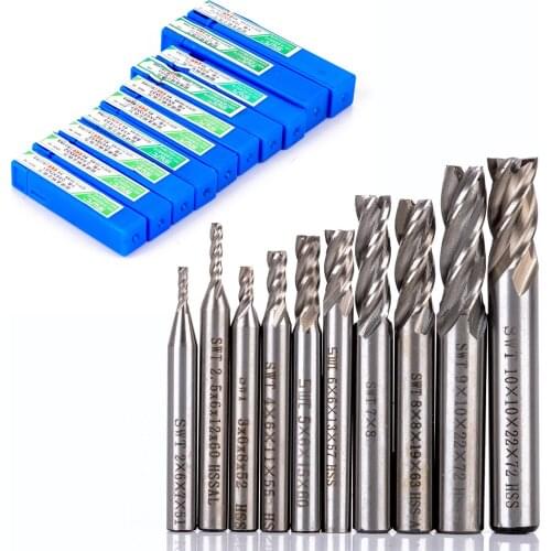 10pcs HSS Aluminum End Mill 4 Flute 2-10mm Diameters Straight CNC Tools Milling Drill Bits Cutter
