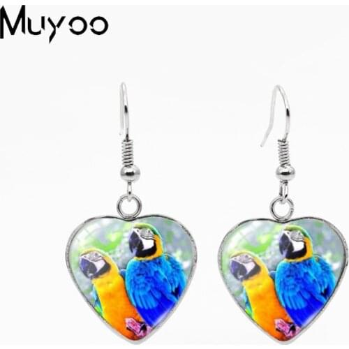 2021 New Arrival Painting Parrots Couples Oil Paintings Handcraft Stainless Steel Heart Fish Hook Dangle Earrings