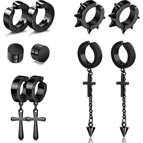 5 Pairs Stainless Steel Non-Piercing Spike Rivet Cross Dangle Tassel Clip on Hoop Set Fake Ear Clip Magnetic Stud Earrings