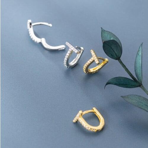 925 Sterling Silver Golden T Shape Zircon Small Hoop Earrings With Charm Ornament For Women Jewelry 2021 Trend Accessories Gift
