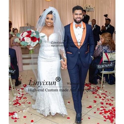 Elegant Navy Blue Mens Suit Slim Fit Orange Shawl Lapel Wedding Groom Wear Tuxedo Best Man Blazer 2 Pieces (Jacket+Pants)