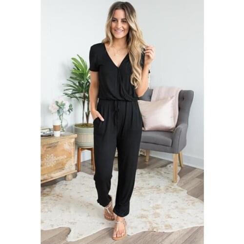 Elegant V Neck Casual Jumpsuits 2019 Summer Rompers Womens Jumpsuit Cotton Bandage Short Sleeve High Waist Straight Office Wear