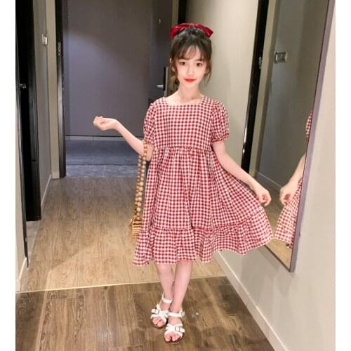 Girls plaid dress summer new childrens wear in the big childrens dress Korean version of the princess skirt