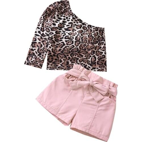 Fashion Toddler Baby Kid Girl Clothes Set Leopard One Shoulder Top Bandage Short Pants Outfits Children Girls Costumes