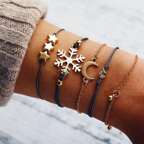 2021 New 5 Pcs/Set Boho Snowflake Moon Star Bracelets For Women Rope Chain Multi-layer Bracelets Sets Vintage Jewelry Gift