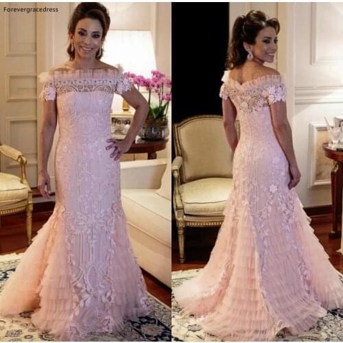 Pink Mermaid Off Shoulder Prom Dresses Short Sleeves Ruffles With Lace Party Gowns Tailor Made Plus Size Available
