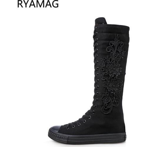 Ryamag 2021 New Womens Canvas Boots Long Dance Boots Shoes Flats Lace Embroidery Zipper Comfortable Vulcanize Sneakers