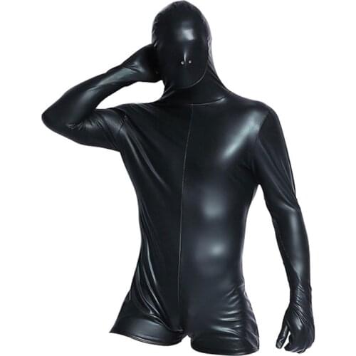 Sexy Men Cosplay Catsuit PU Faux Leather Shiny Bodysuit Mask Full Body Sexy Tight Catsuit One-piece DS Club Stage Black Gay Wear