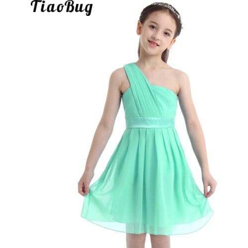 TiaoBug New Kids Pleated Chiffon One-Shoulder Flower Girl Dress Princess Pageant Wedding Bridesmaid Birthday Party Dress