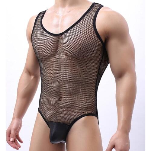 Mens Fishnet Leotard Bodysuit Adult Sexy Hollow Out Lingerie Sleeveless Transparent Jumpsuit Underwear Nightwear Male Exotic