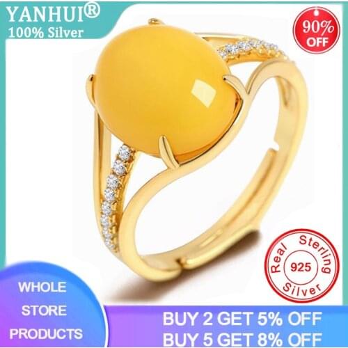 YANHUI Silver 925 Jewelry Topaz Rings for Women Fine Jewelry Natural Yellow Amber Ring Adjustable Size Wedding Gift ZR373