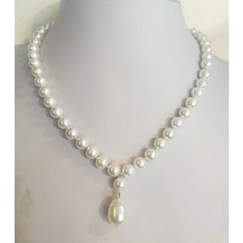 Woman jewelry necklace 8mm round ball bead Bright white Natural SOUTH SEA SHELL PEARL 15mm pendant NECKLACE 18'' 45cm