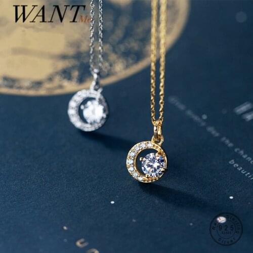 WANTME 925 Sterling Silver Shiny Crystal Zircon Romantic Round Moon Chain Pendant Necklace for Women Trendy Wedding Jewelry Gift