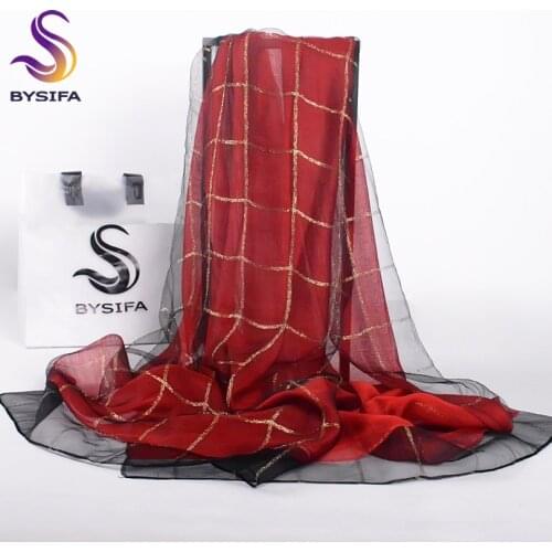 [BYSIFA] Winter Plaid Organza Silk Scarf Shawl Ladies Fashion Accessories Purplish Red Double Face Long Scarves Wraps 190*70cm