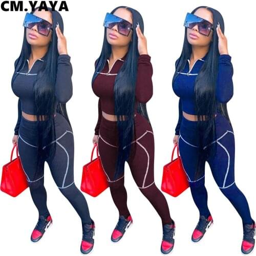 CM.YAYA Activewear Ribbed Womens Set Zipper Crop Tops Legging Pant Set Sporty Knitted Tracksuit Fitness Two Piece Set Outfits