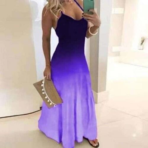 Summer Women Sexy Maxi Dress Spaghetti Strap Sleeveless V-neck Gradient Casual Long Party Dress