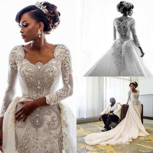 Luxury Jewel Wedding Dresses Overskirt Crystals Bridal Gowns Vestidos De Novia Full Sleeve Wedding Dress Beading Romantic