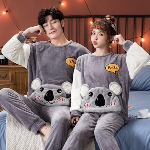 2021 Winter Couple Thick Warm Flannel Pajama Sets For Women Long Sleeve Cute Cartoon Coral Velvet Sleepwear Men Homewear Clothes