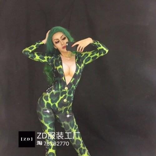 2020 Women New 3D Print Suit Green Leopard Skinny Sexy Jumpsuit Nightclub Bar Sexy Dance Costume Party Celebration Birthday