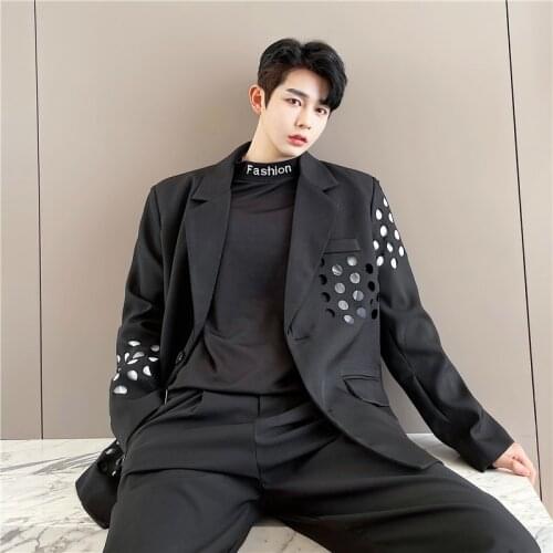 2021 spring Korean style personality Laser hole Suit men Casual loose simple black Blazers for men M-XXL