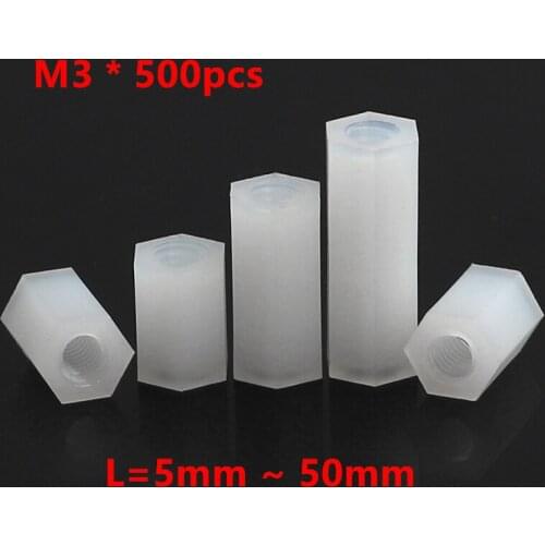 500pcs M3 Hex Nylon Standoff Spacer Female Female Plastic nylon spacer screw Hex Column Long NutsM3*5/6/8/10/12/15/20/22/25/30mm