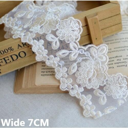 7CM Wide Beige Voile Lace Fabric Embroidered Flowers Applique Ribbon Collar Neckline Trim Wedding Dress DIY Sewing Fringe Decor