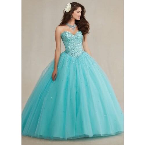 Sparkly Ball Gown Crystals Corset Puffy Tulle 2019 Turquoise Quicneanera Dress For Girls 15 Years Masquerade Debutante Gown