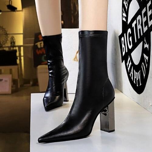 BIGTREE 2020 PU Leather Ankle Boots For Women Black Slim Stretch Sock Boots Women Winter Plush Warm High Heels Women Boots