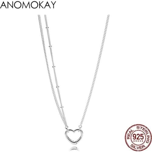 Genuine 925 Sterling Silver Double Layers Chain Heart Pendant Necklaces for Women Girl Fashion S925 Silver Necklace Gift Xmas