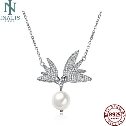 INALIS 925 Sterling Silver Pendant Necklace For Women Fashion Swallow Shape With Pearl Necklace Party Fine Jewelry New Arrival