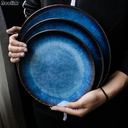 Japanese-style Kiln Blue Shallow Plate Japanese Flat Plate Round Tray Steak Dish Plate Pasta Dish Home Dinnerware Accessories