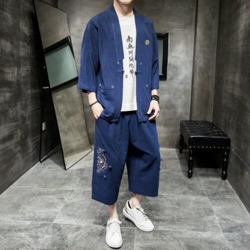 Summer Kimono Cardigan Men Two-Piece Set Chinese Style Tang Suit Linen Traditional Kung Fu China Style Hanfu Shirt +Pants 31181