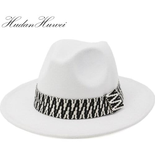 Men Women Autumn Winter British Classic Jazz Woolen Felt Fedora Hat with Wide Brim Church Holiday Panama Top Caps