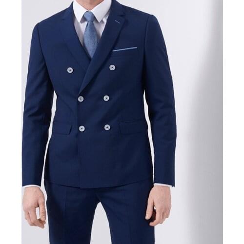 New Fashion Gentleman Style Custom Double Breasted Navy Bule Men Suits For Mens Wedding Suits Slim Fit Wedding Beach Party Sets