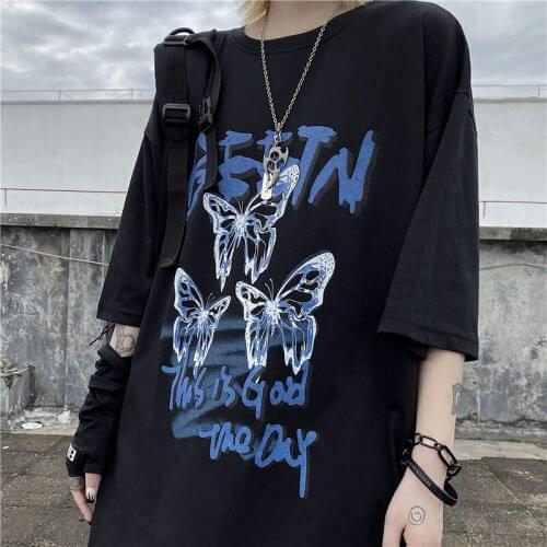 Clothing Women T-shirt New Summer Korean Ins Butterfly Print Top Loose Large Size Harajuku Short-sleeved T-shirt Women Punk Tita