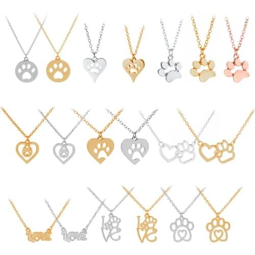 Hollow pet paw prints necklaces dog cat lover pet jewelry heart puppy memorial charm necklace woman style animal lover gift girl