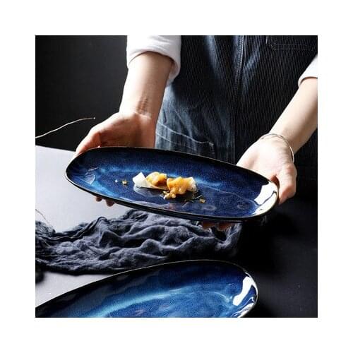 Japanese style kiln cat eye blue fish plate household steamed fish plate large glaze color creative sushi plate