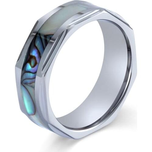 POYA TUNGSTEN 8mm Tungsten Ring Faceted Edges Inlay Abalone Shell Mens Wdding Band Comfort Fit