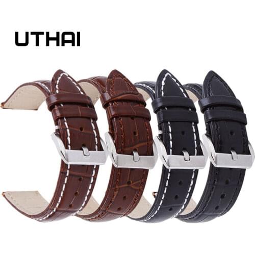 UTHAI Z20 Leather Watchband Crocodile Pattern Strap 14mm 16mm 18mm 20mm 22mm 24mm Silver Metal Buckle Clasp Women Men Watch band