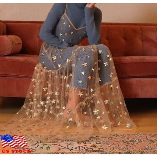 Kayotuas Women Dress Spaghetti Straps Tulle Sexy Cover-Up Long Mesh Sheer Star Print Hot See-Through Pleated Clubwear