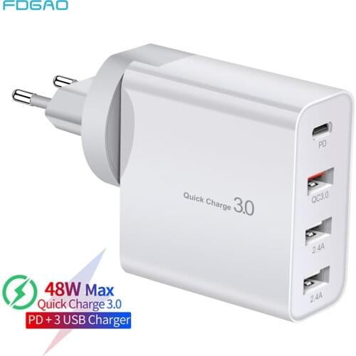 4 Port USB Charger Type C Quick Charge QC3.0 PD 48W Wall Travel Fast Charging Adapter For iPhone 13 12 11 Macbook Xiaomi Samsung