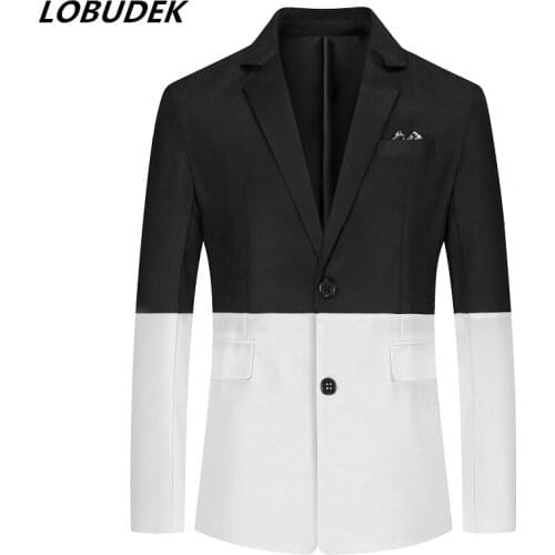4 Styles Thin Black White Patchwork Blazer Singer Stage Tuxedo Costume Men Bar Nightclub Concert Performance Casual Suit Jackets