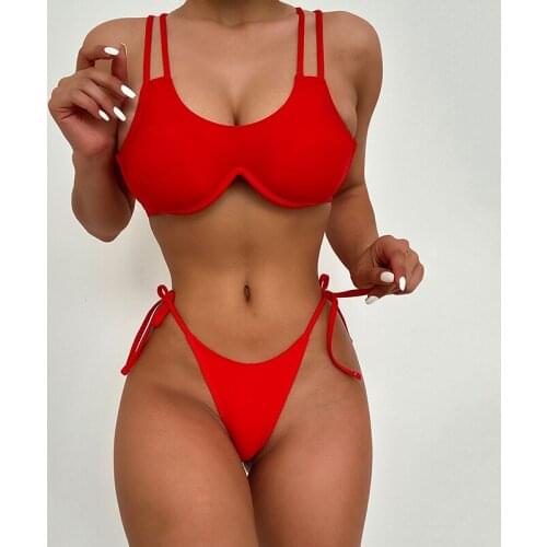 2021 Sexy Red Bikini Female Underwire Swimsuit Women Swimwear Two-pieces Bikini set Bandage Thong Bather Bathing Suit Swim Lady
