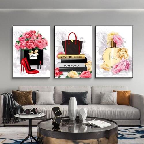 HandBag Perfume High Heels Fashion Poster Makeup Floral Print Canvas Art Painting Wall Picture Modern Girl Room Home Decoration
