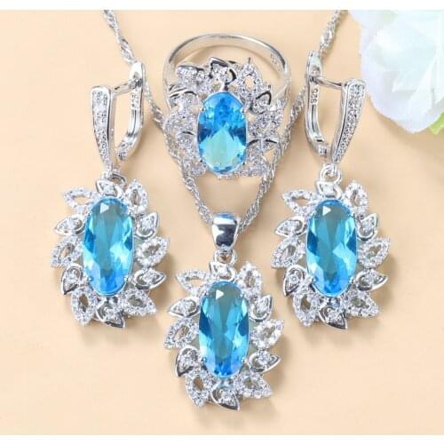 Bridal Jewelry Sets For Women Wonderful Wedding Finery Sky Blue Zircon Dangle Earring And Rings Three-Piece Suit