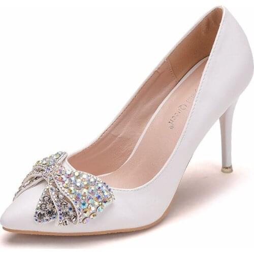 Women pumps wedding Party banquet PU Rhinestones Slip On 9.5CM Thin High Heels Pointed Toe high heels women shoes size 35-42