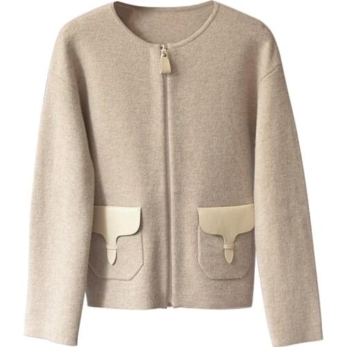 Pocket thickening long New sleeved sweater knitting cardigan outside pure cashmere sweater female short coat